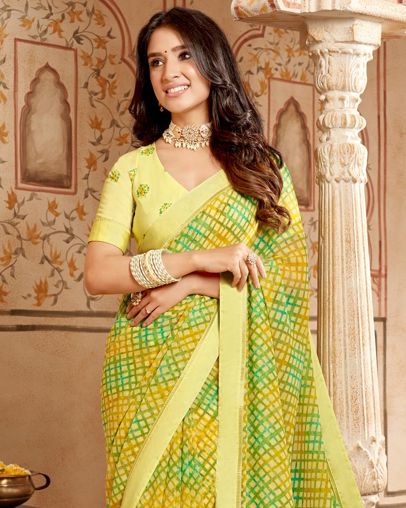 Vishal Prints Light Yellow Printed Georgette Saree With Fancy Border