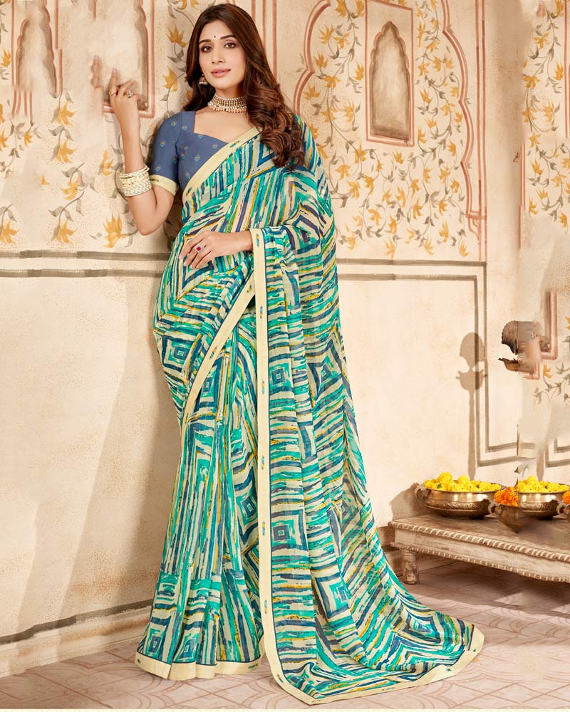 Vishal Prints Teal Blue Printed Georgette Saree With Fancy Border