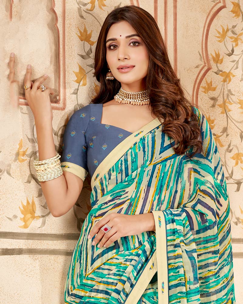 Vishal Prints Teal Blue Printed Georgette Saree With Fancy Border