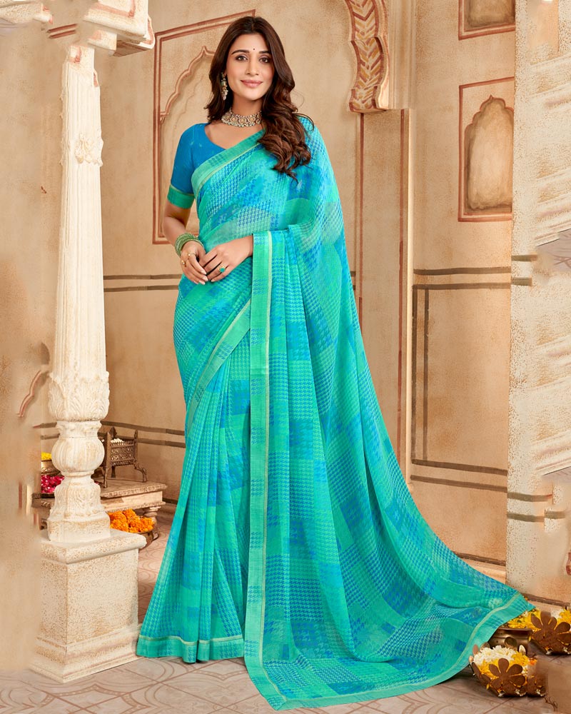 Vishal Prints Aqua Blue Printed Georgette Saree With Fancy Border