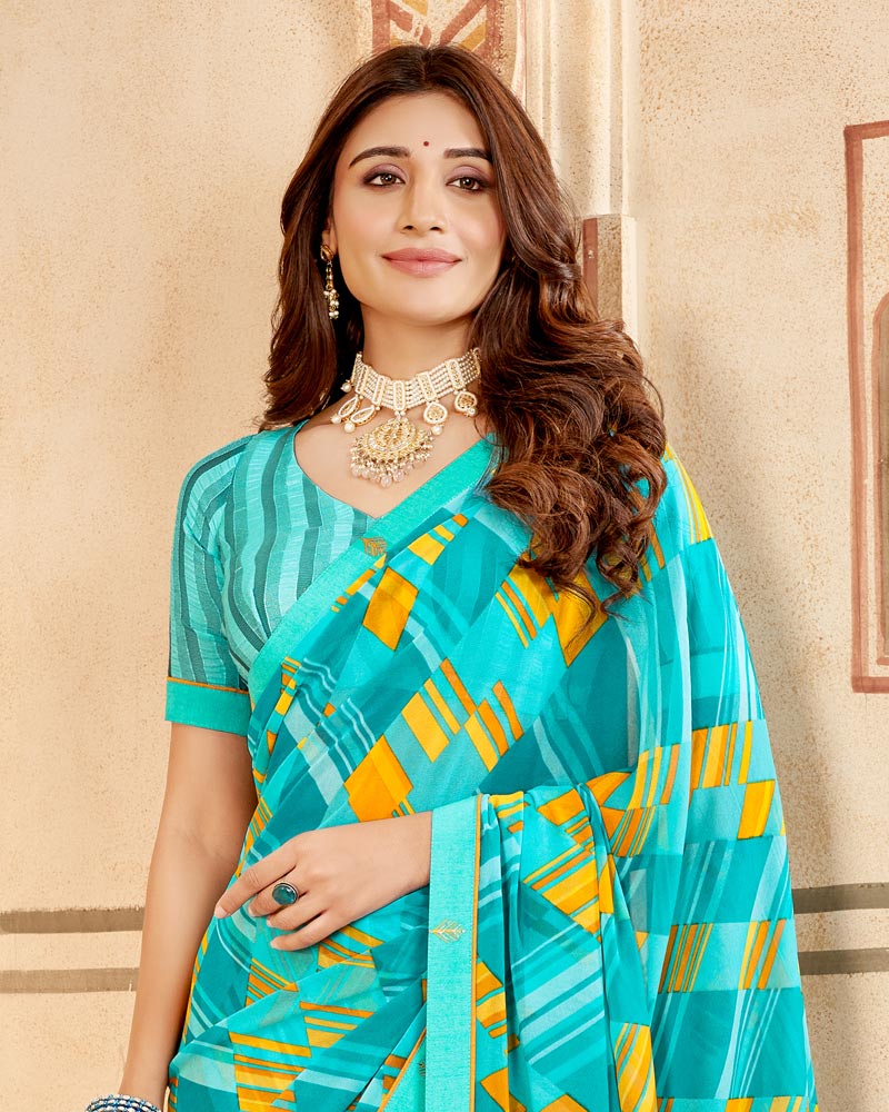 Vishal Prints Bright Turquoise Printed Georgette Saree With Fancy Border