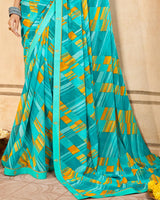 Vishal Prints Bright Turquoise Printed Georgette Saree With Fancy Border