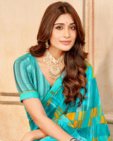 Vishal Prints Bright Turquoise Printed Georgette Saree With Fancy Border