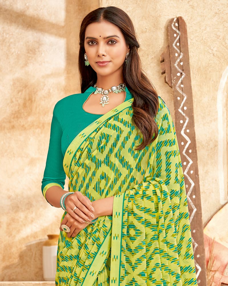 Vishal Prints Greenish Beige Printed Georgette Saree With Fancy Border