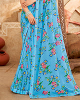 Vishal Prints Aquamarine Blue Printed Georgette Saree With Fancy Border