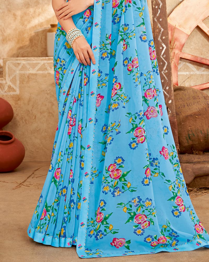 Vishal Prints Aquamarine Blue Printed Georgette Saree With Fancy Border