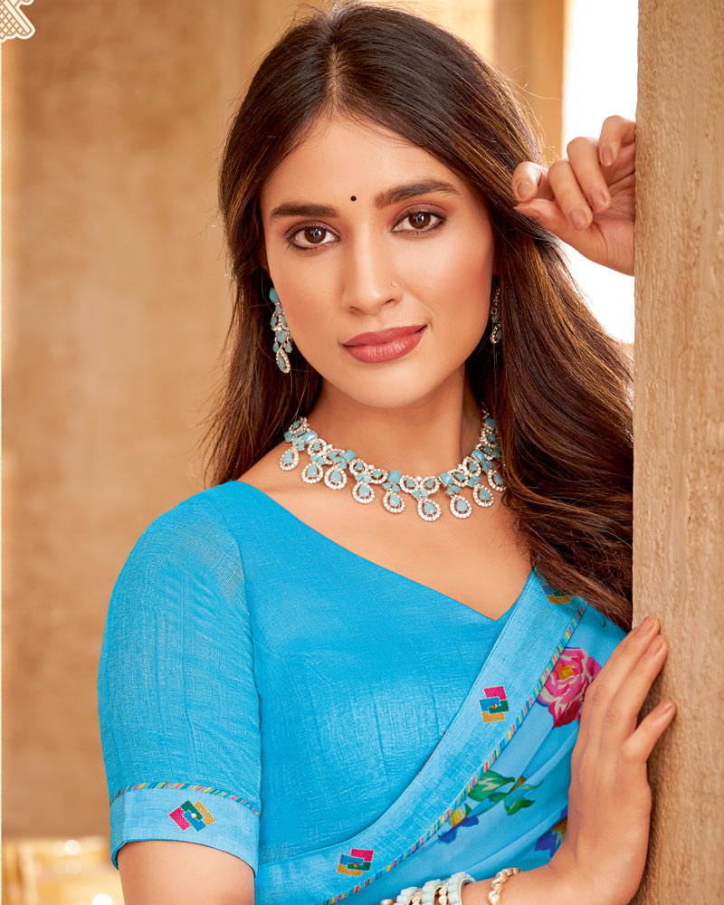 Vishal Prints Aquamarine Blue Printed Georgette Saree With Fancy Border