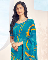 Vishal Prints Aqua Blue Printed Georgette Saree With Fancy Border