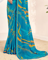 Vishal Prints Aqua Blue Printed Georgette Saree With Fancy Border