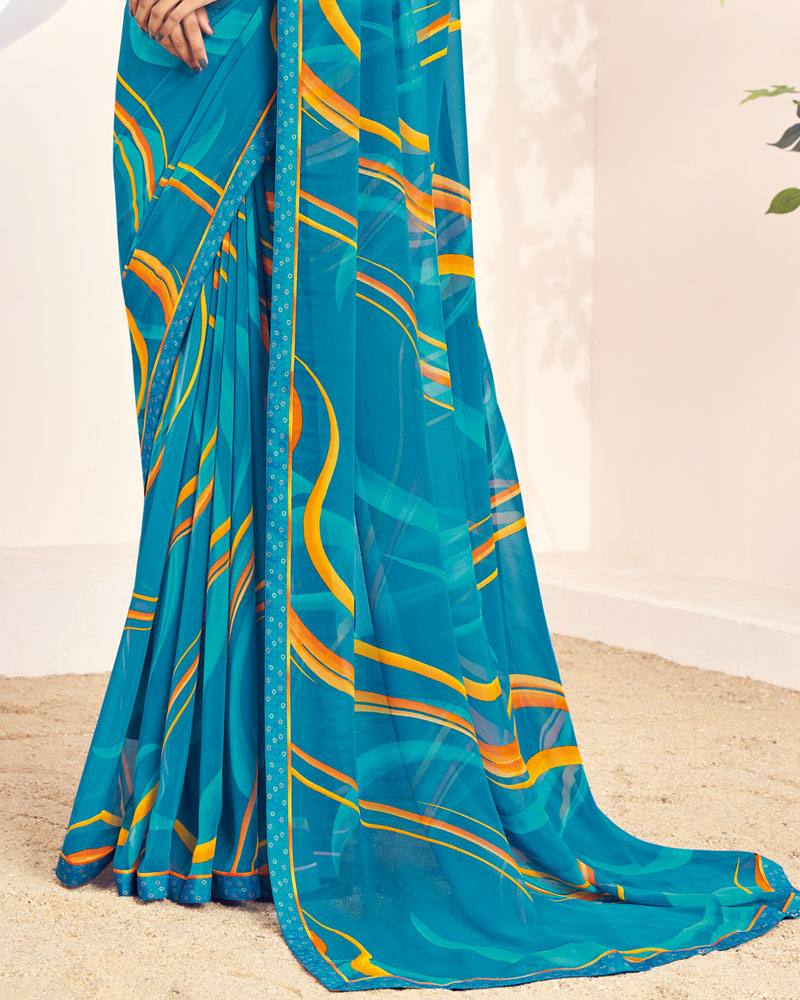 Vishal Prints Aqua Blue Printed Georgette Saree With Fancy Border