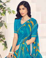 Vishal Prints Aqua Blue Printed Georgette Saree With Fancy Border