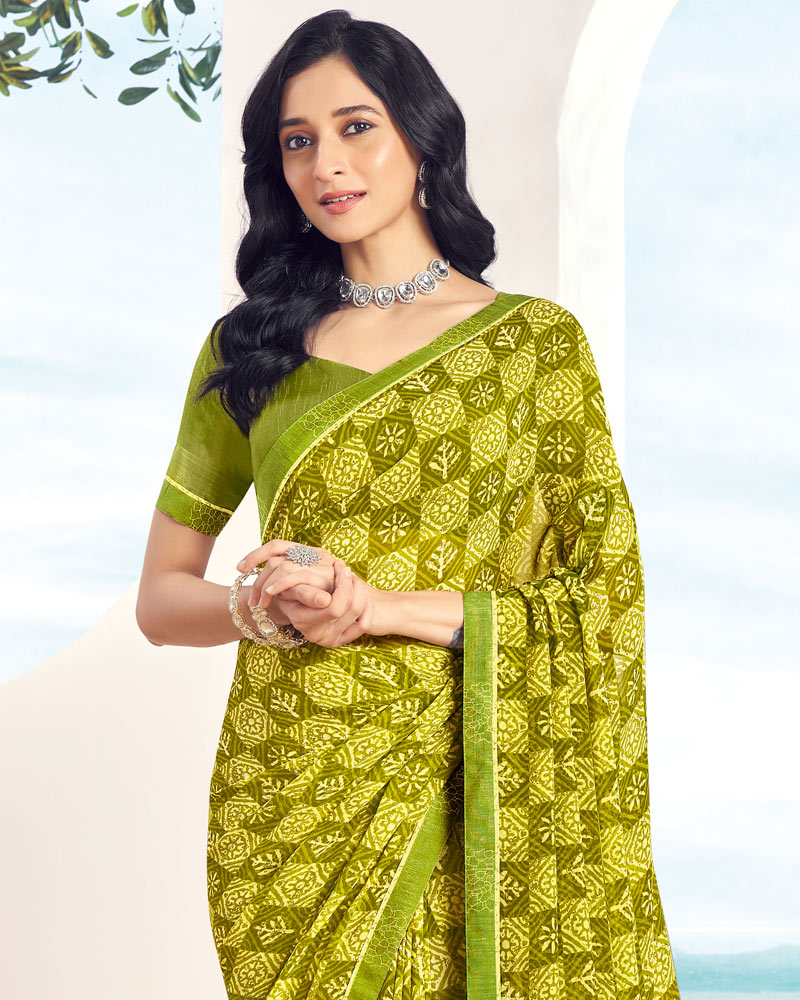 Vishal Prints Olive Green Printed Georgette Saree With Fancy Border