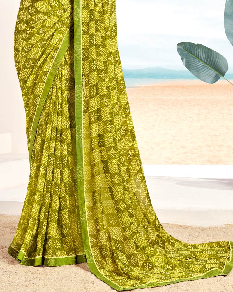 Vishal Prints Olive Green Printed Georgette Saree With Fancy Border