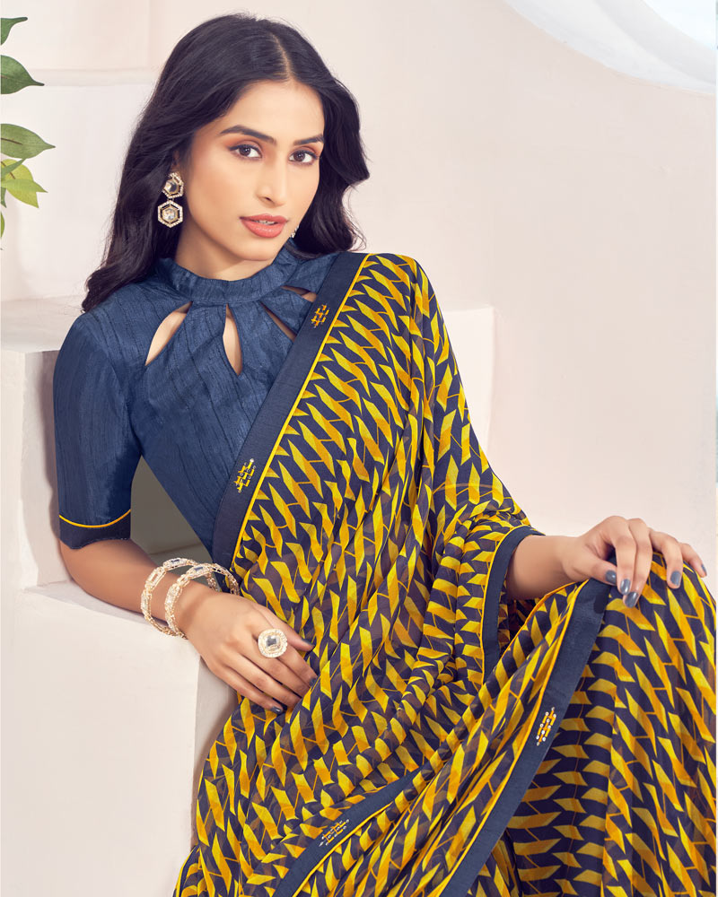 Vishal Prints Navy Blue Printed Georgette Saree With Fancy Border