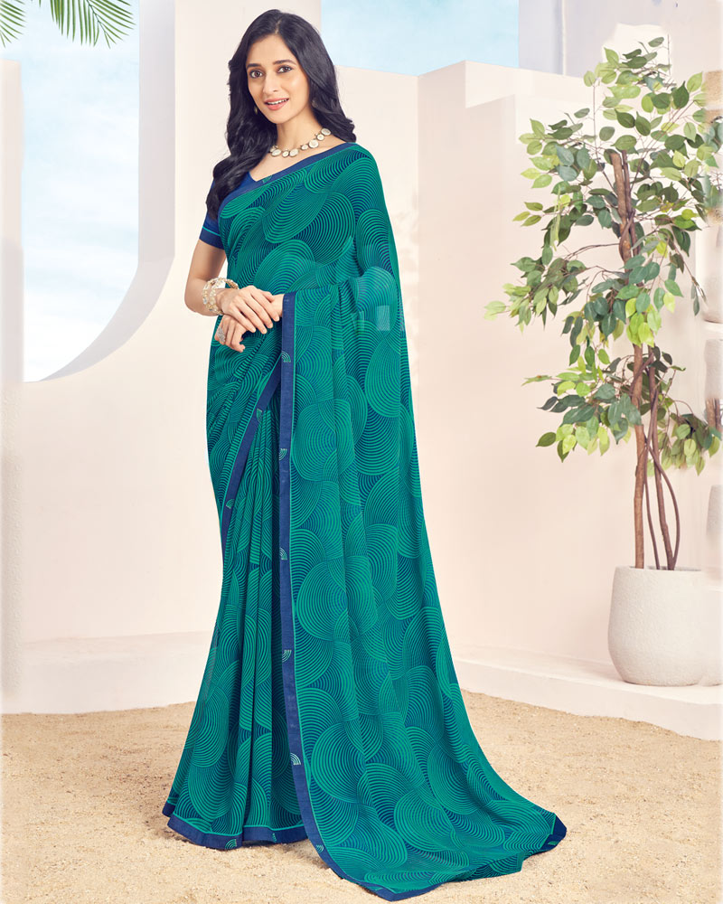 Vishal Prints Aqua Green Printed Georgette Saree With Fancy Border