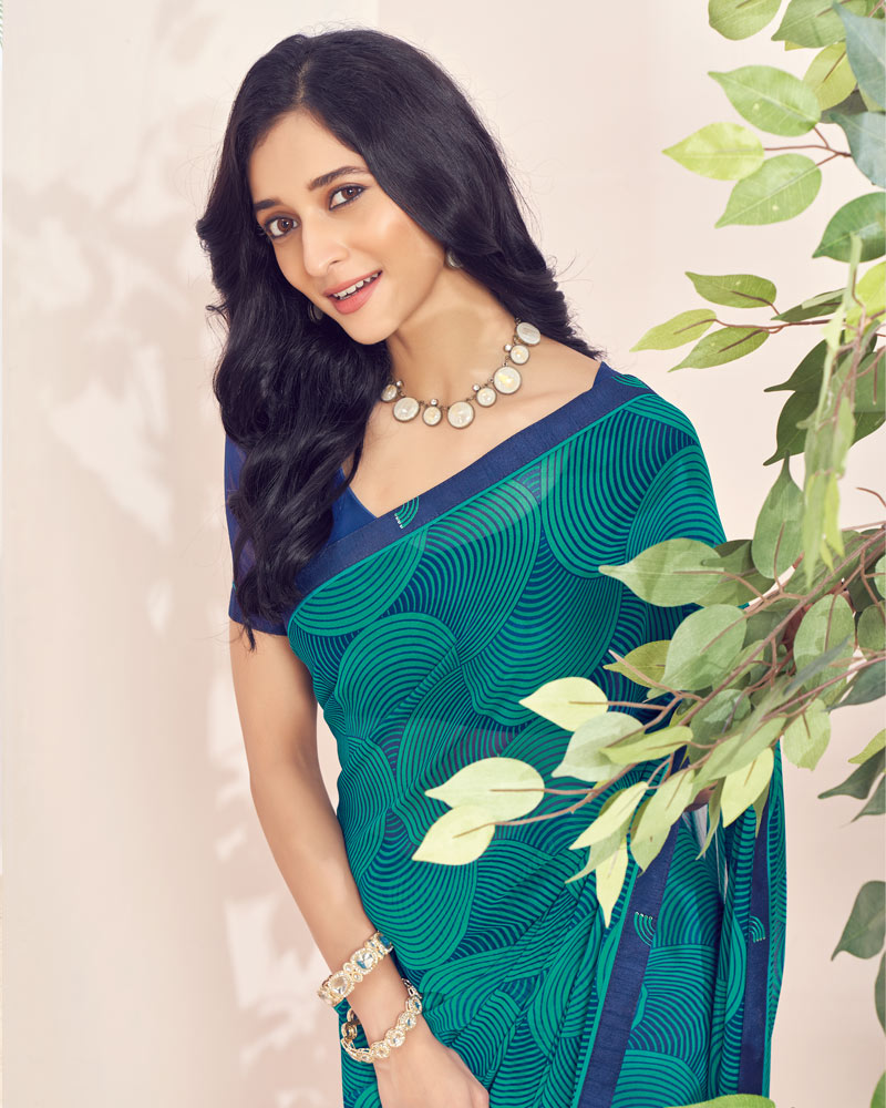 Vishal Prints Aqua Green Printed Georgette Saree With Fancy Border