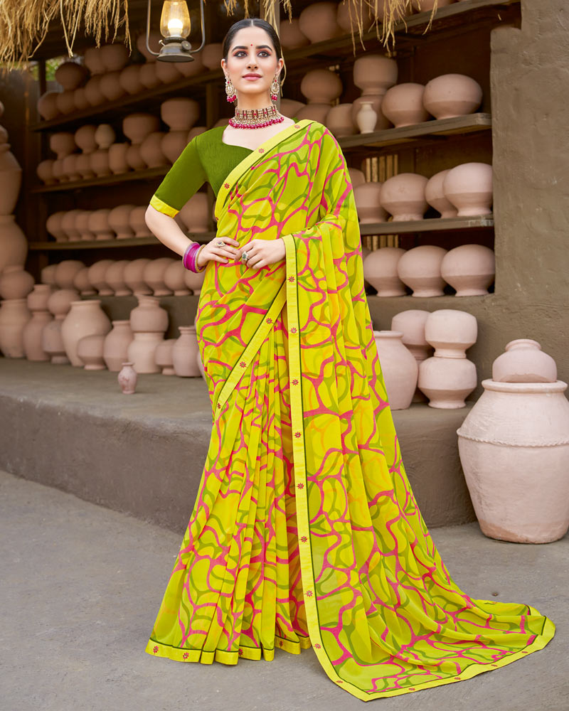 Vishal Prints Dusty Yellow Georgette Printed Saree With Fancy Border