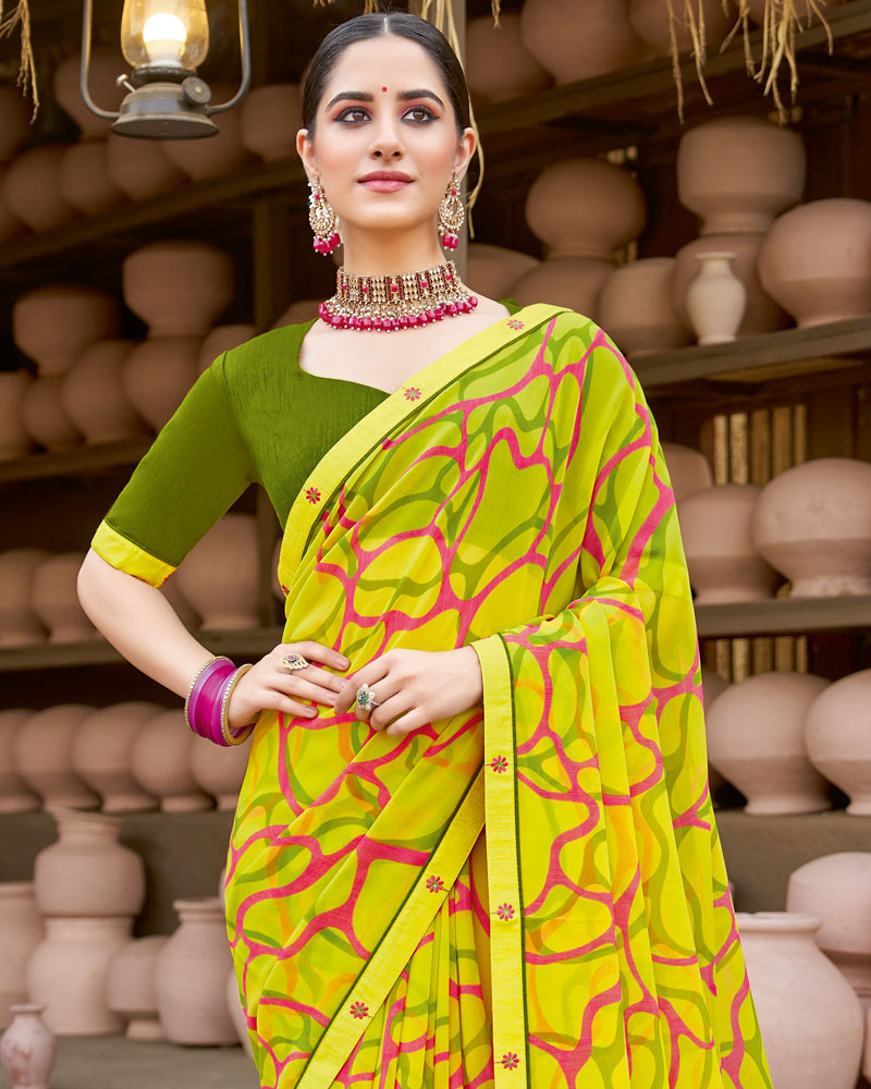 Vishal Prints Dusty Yellow Georgette Printed Saree With Fancy Border