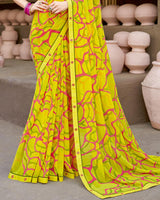 Vishal Prints Dusty Yellow Georgette Printed Saree With Fancy Border