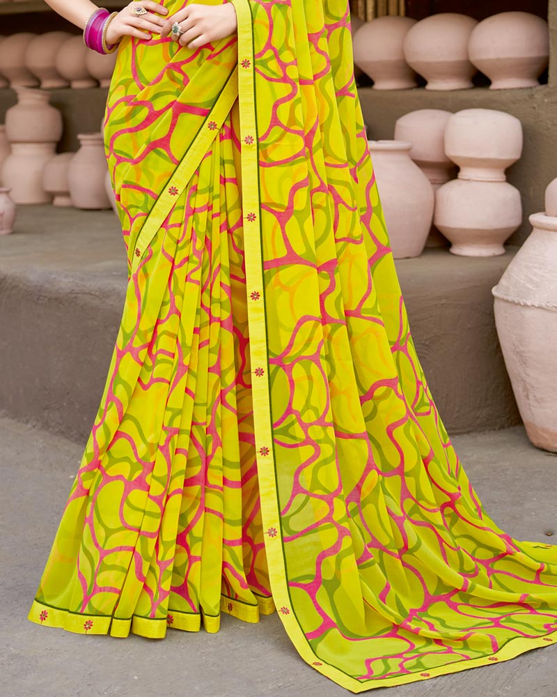 Vishal Prints Dusty Yellow Georgette Printed Saree With Fancy Border