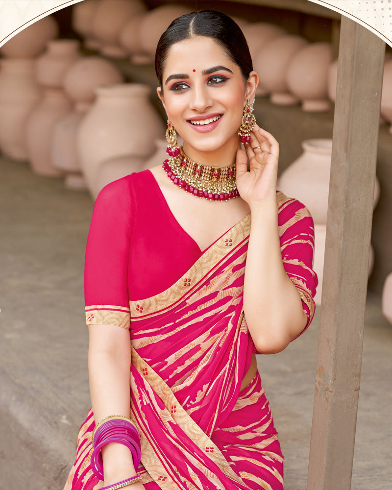 Vishal Prints Tomato Pink Georgette Printed Saree With Fancy Border