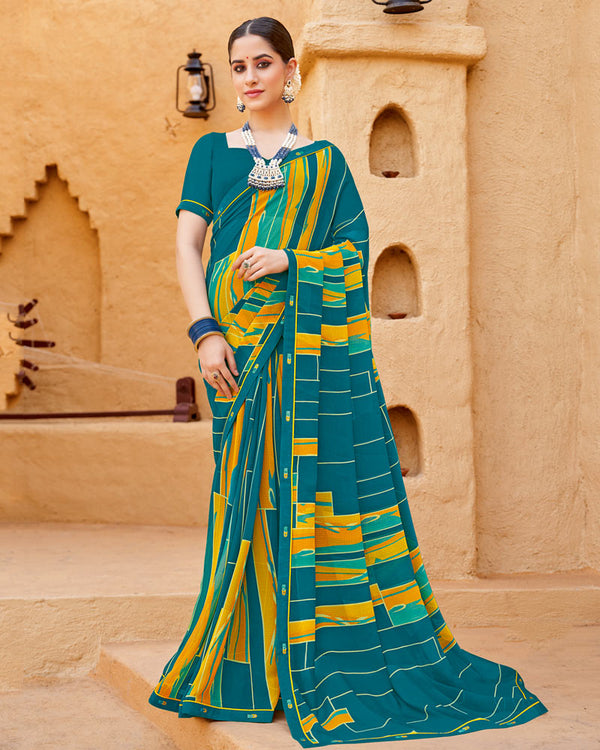 Vishal Prints Teal Blue Georgette Printed Saree With Fancy Border