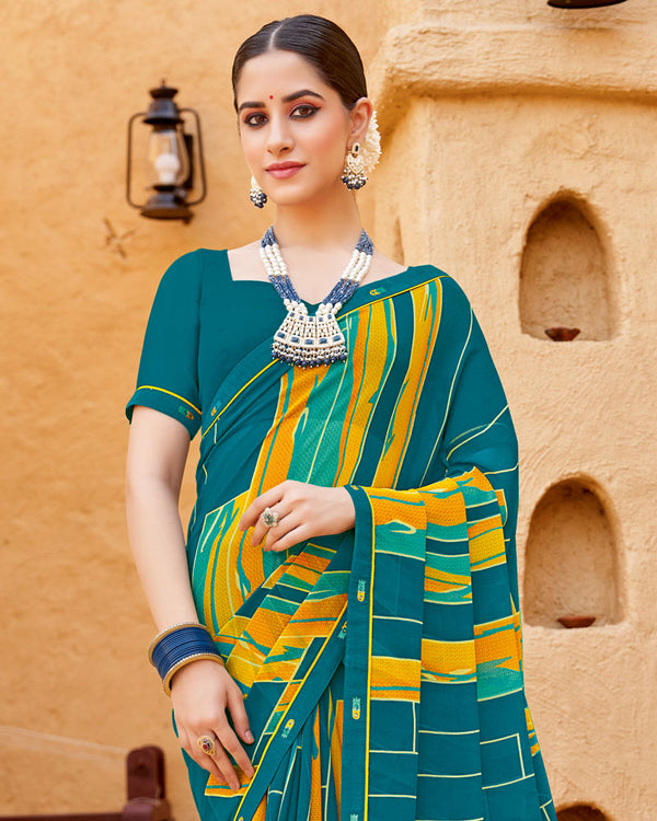 Vishal Prints Teal Blue Georgette Printed Saree With Fancy Border