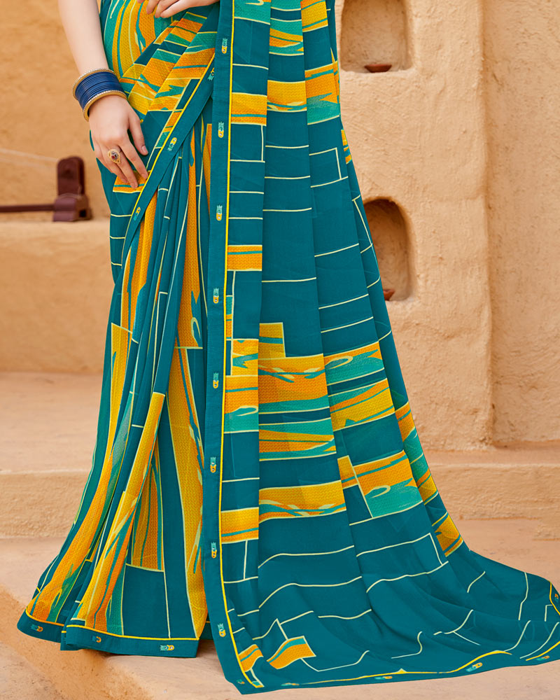 Vishal Prints Teal Blue Georgette Printed Saree With Fancy Border