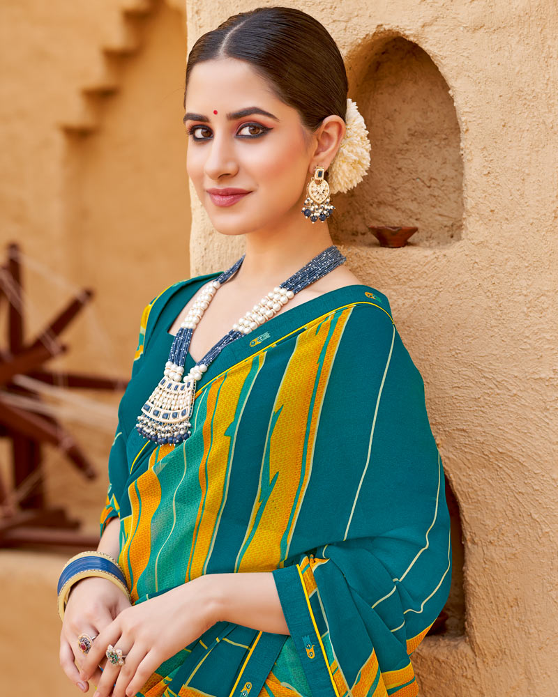 Vishal Prints Teal Blue Georgette Printed Saree With Fancy Border