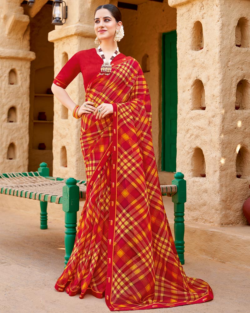 Vishal Prints Red Georgette Printed Saree With Fancy Border