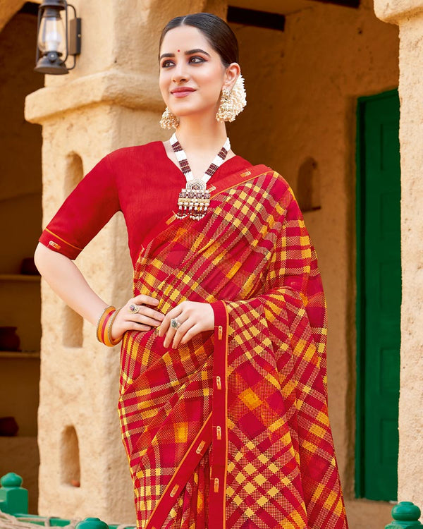 Vishal Prints Red Georgette Printed Saree With Fancy Border