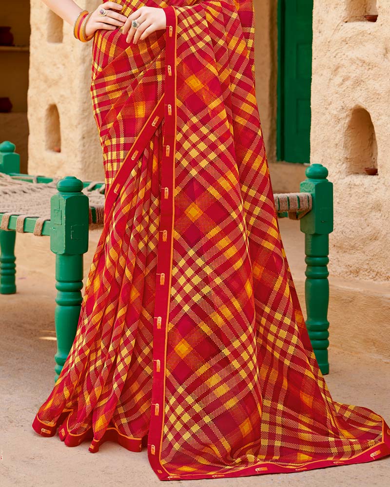 Vishal Prints Red Georgette Printed Saree With Fancy Border