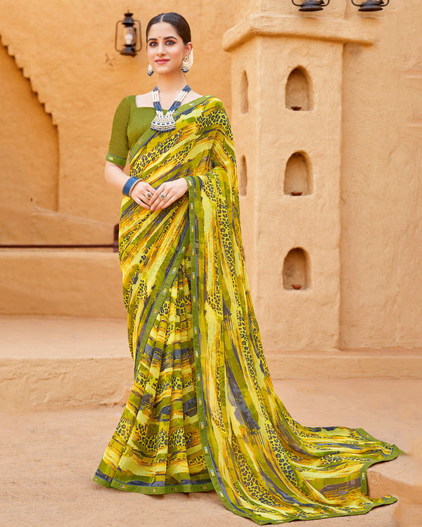 Vishal Prints Pale Yellow Georgette Printed Saree With Fancy Border
