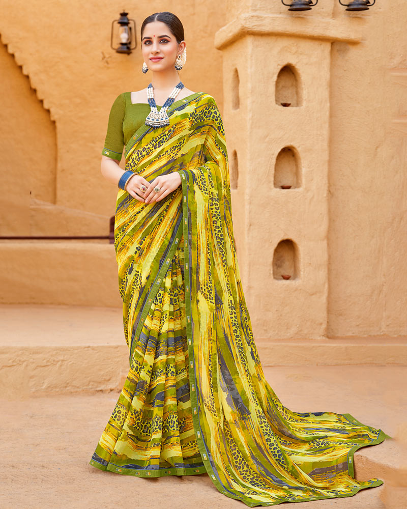 Vishal Prints Pale Yellow Georgette Printed Saree With Fancy Border