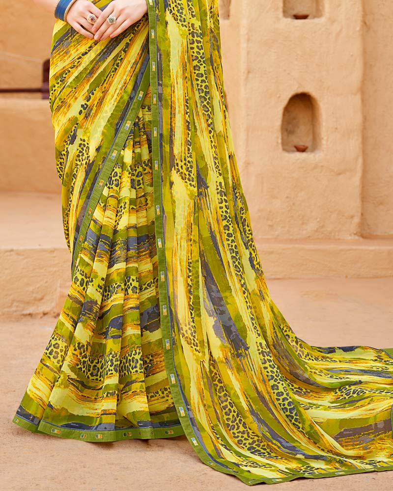 Vishal Prints Pale Yellow Georgette Printed Saree With Fancy Border