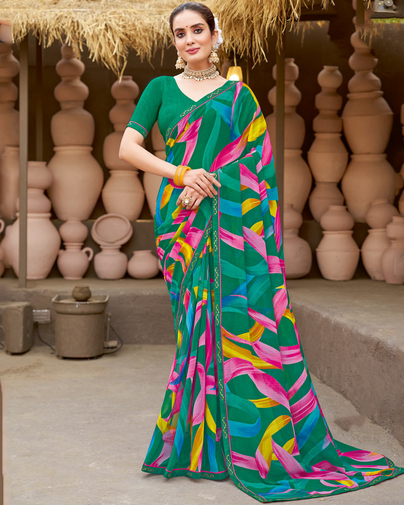 Vishal Prints Pine Green Georgette Printed Saree With Fancy Border