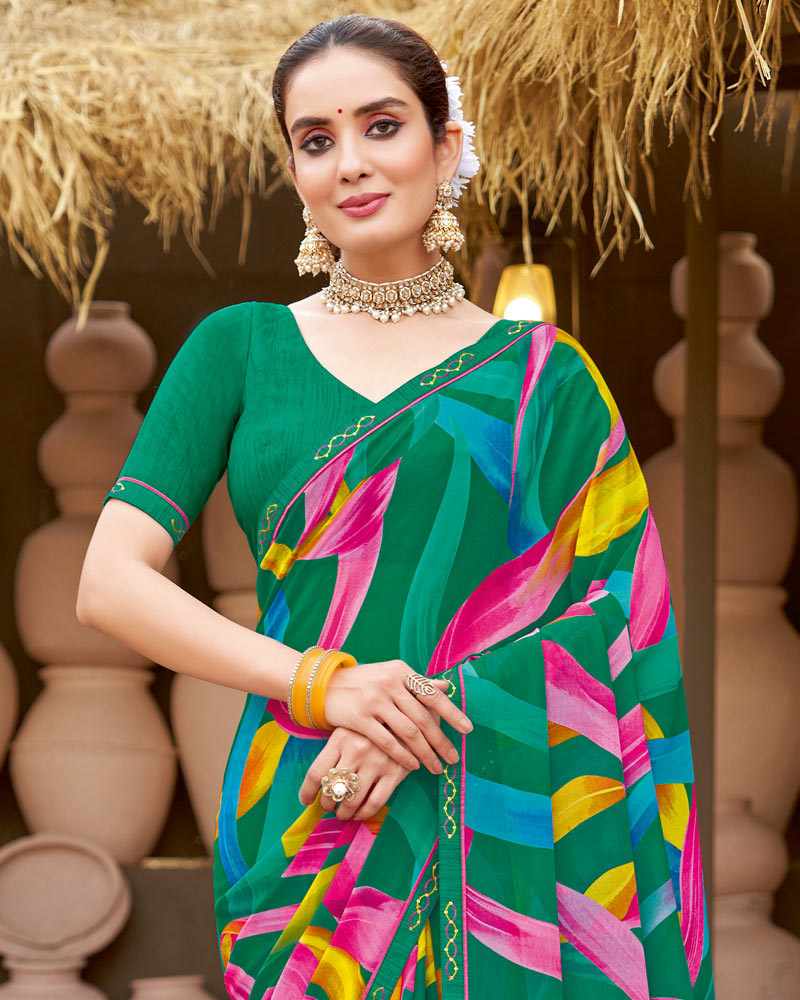 Vishal Prints Pine Green Georgette Printed Saree With Fancy Border