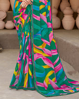 Vishal Prints Pine Green Georgette Printed Saree With Fancy Border