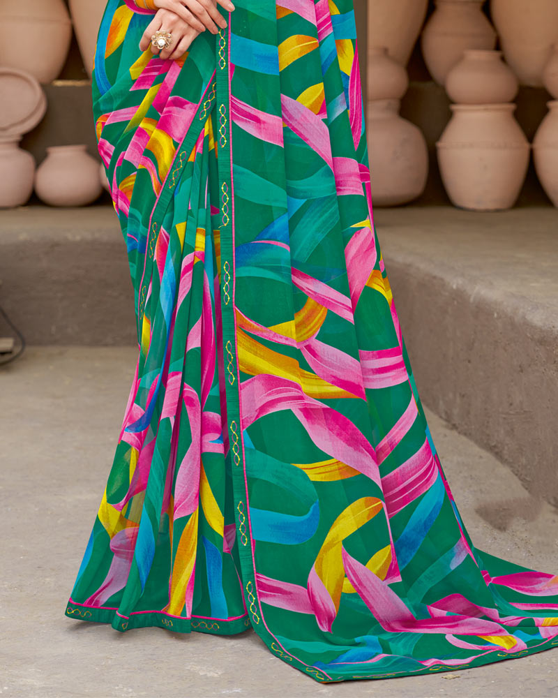 Vishal Prints Pine Green Georgette Printed Saree With Fancy Border