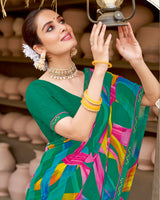 Vishal Prints Pine Green Georgette Printed Saree With Fancy Border