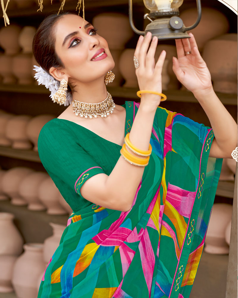 Vishal Prints Pine Green Georgette Printed Saree With Fancy Border