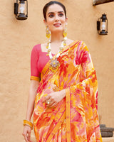Vishal Prints Orange Pink Georgette Printed Saree With Fancy Border