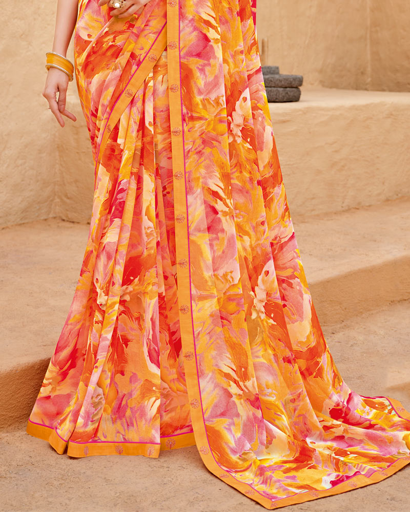 Vishal Prints Orange Pink Georgette Printed Saree With Fancy Border