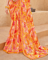 Vishal Prints Orange Pink Georgette Printed Saree With Fancy Border