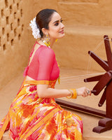 Vishal Prints Orange Pink Georgette Printed Saree With Fancy Border