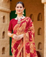 Vishal Prints Beige Red Printed Georgette Saree With Fancy Border