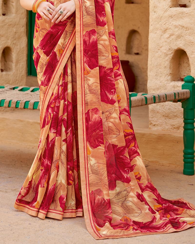 Vishal Prints Beige Red Printed Georgette Saree With Fancy Border
