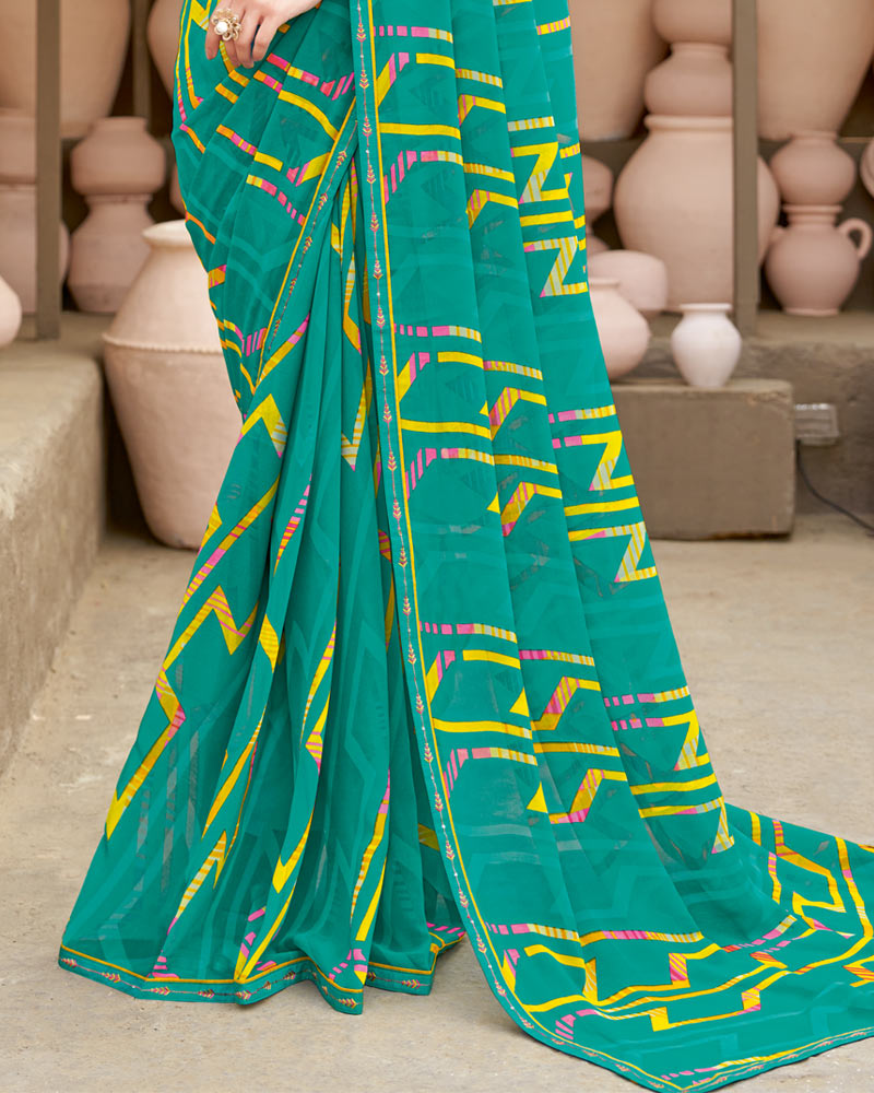 Vishal Prints Persian Green Printed Georgette Saree With Fancy Border