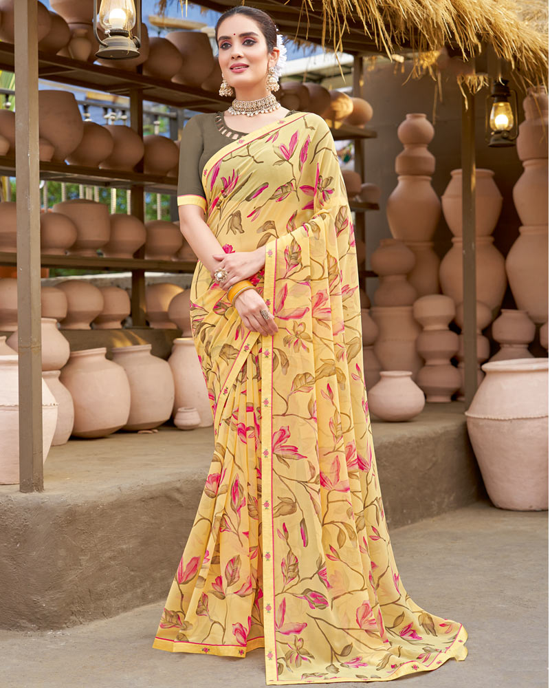 Vishal Prints Light Yellow Printed Georgette Saree With Fancy Border