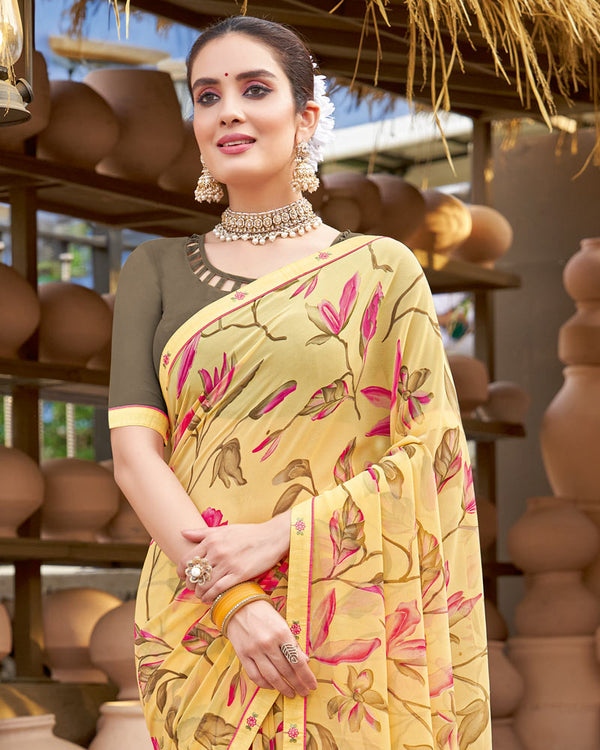 Vishal Prints Light Yellow Printed Georgette Saree With Fancy Border
